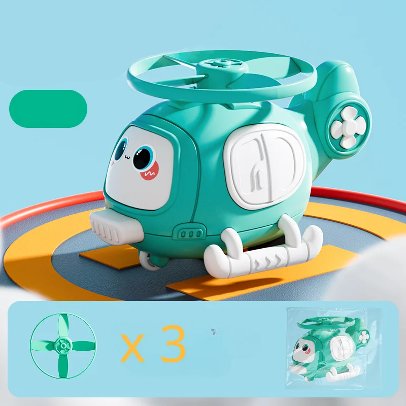 Green helicopter toy with a graphic showing three matching rotor discs