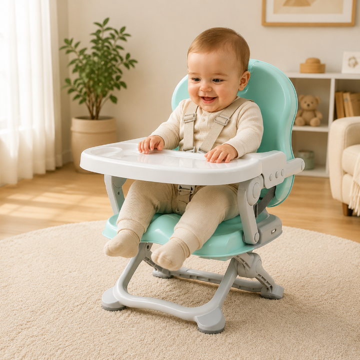 Child sitting in a green high chair with a white tray