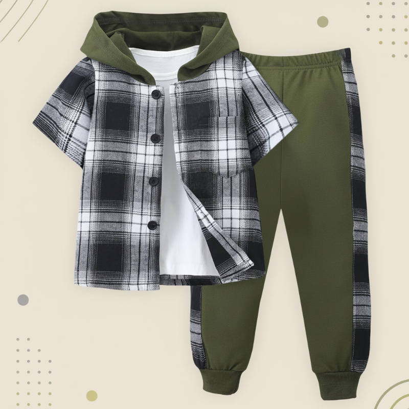 Black and white plaid top with an olive green hood and matching green cuffed pants