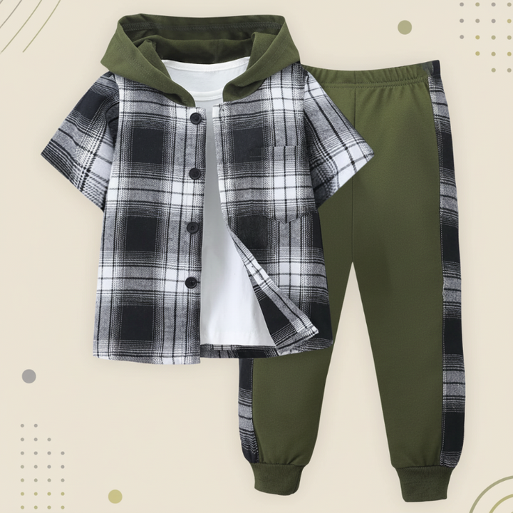 Black and white plaid top with an olive green hood and matching green cuffed pants