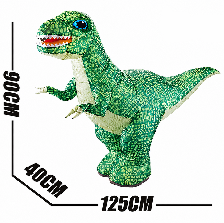 Green dinosaur size chart showing 125 cm length, 40 cm width, and 90 cm height.