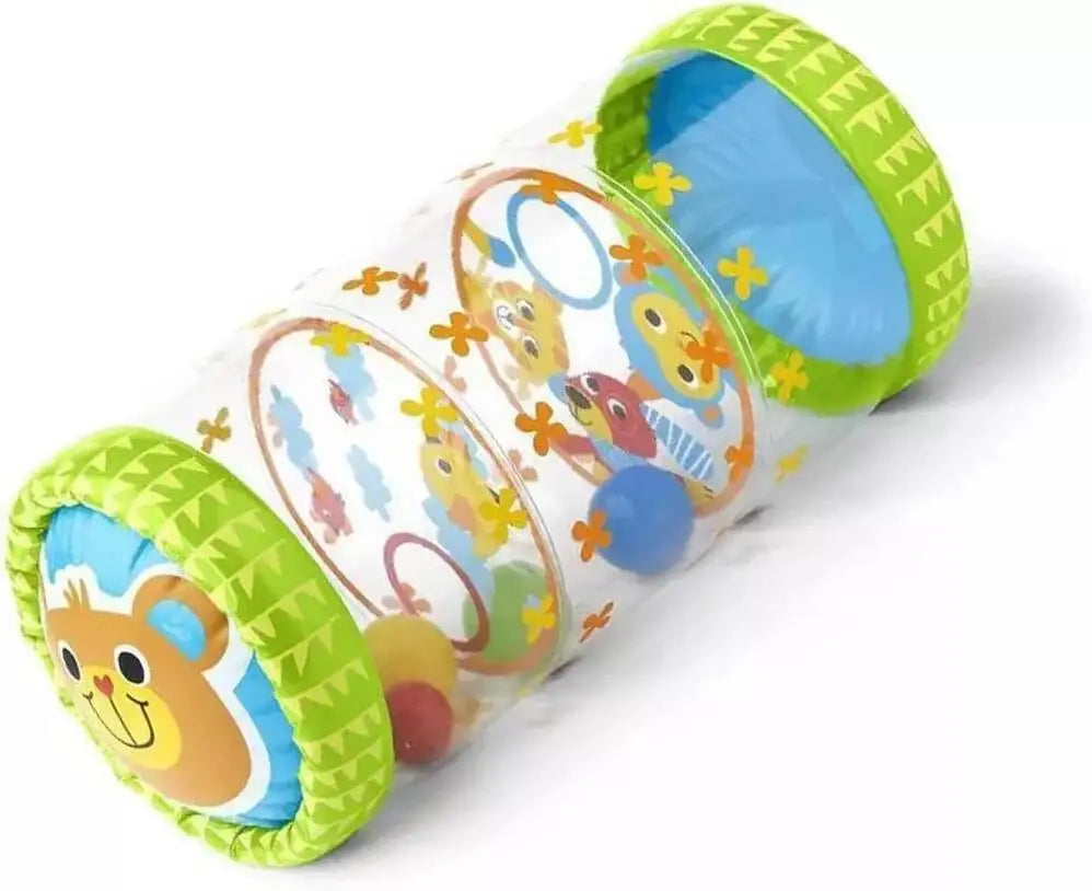 Green inflatable baby roller with a clear animal-print center and colorful balls inside