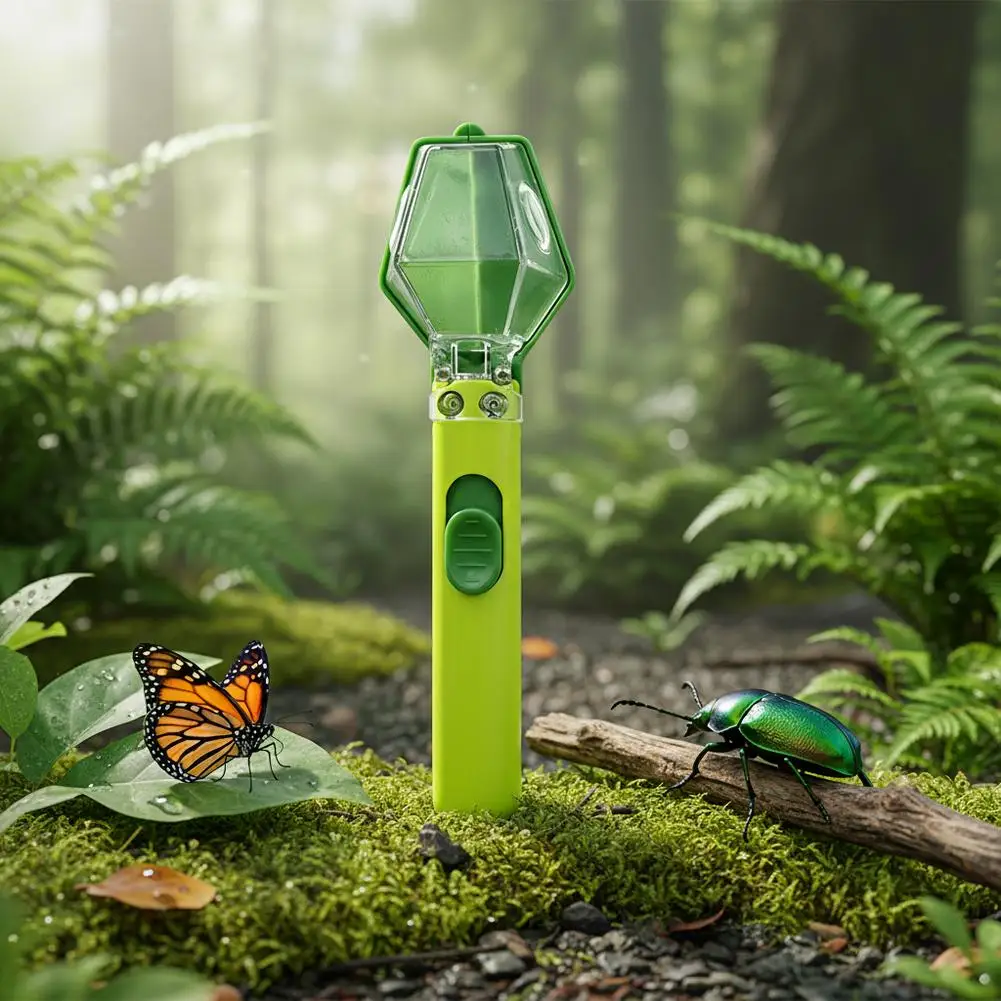 Green insect catcher displayed on moss beside a butterfly and beetle