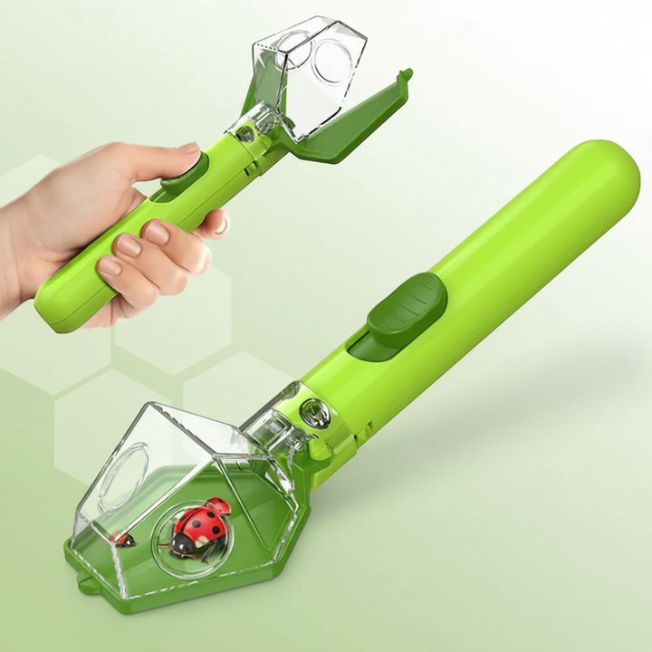 Green insect catcher shown open in a hand and closed around a ladybug