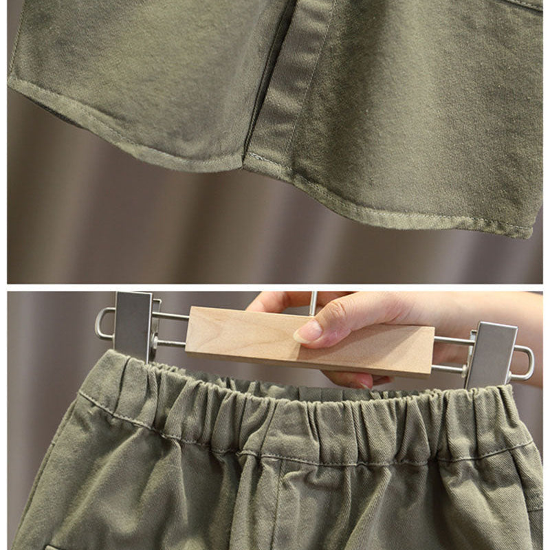Green jacket hem and matching pants with a gathered elastic waistband