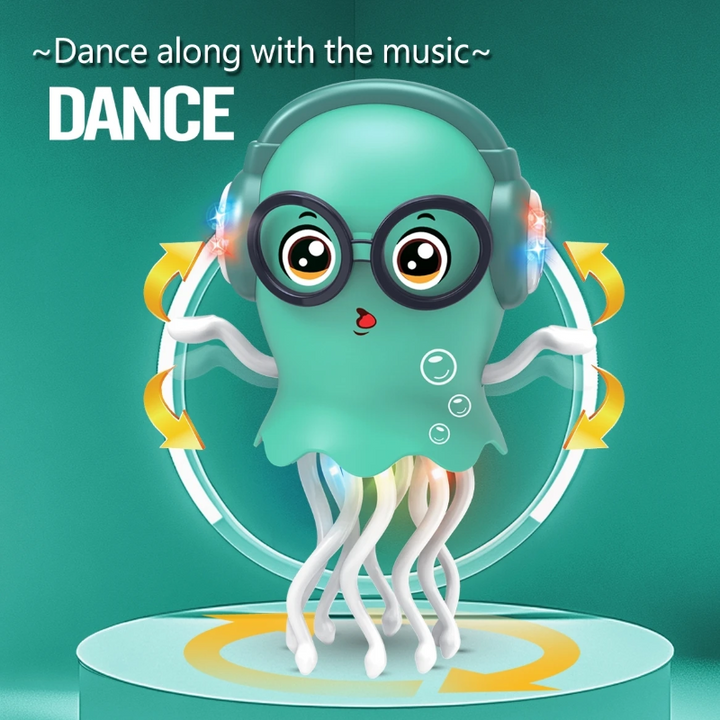 Green jellyfish toy with arrows illustrating its dancing motion