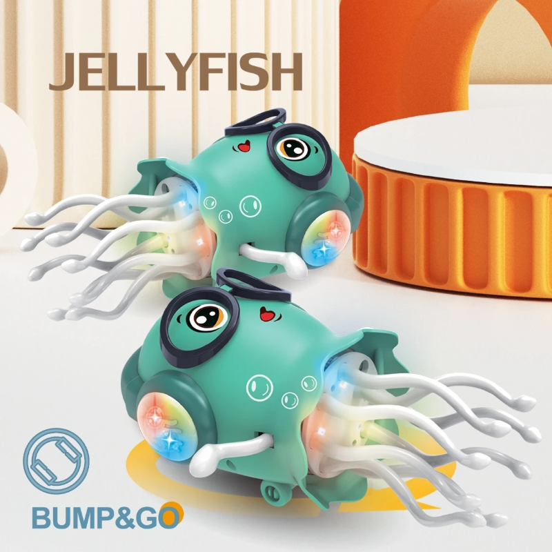 Two sideways views of the green jellyfish toy showing its body, white tentacles, and colored lights