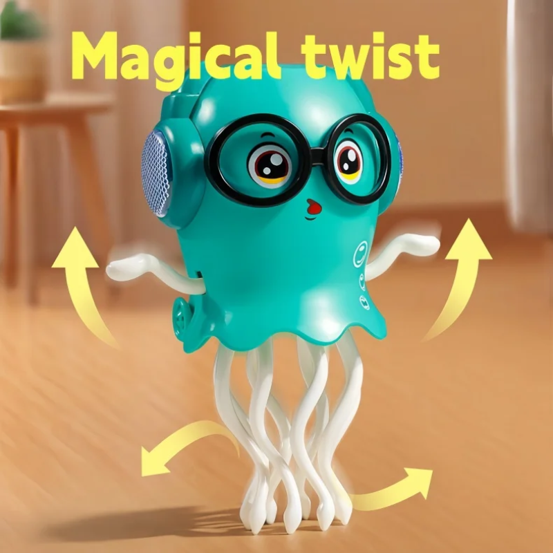 Green jellyfish toy on a wooden floor with arrows showing twisting motion