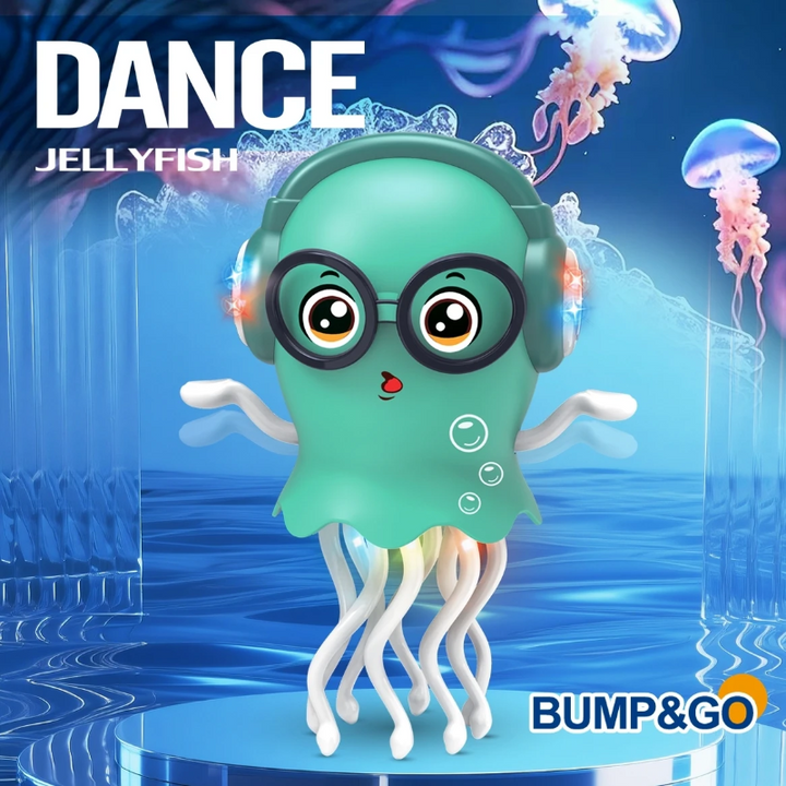 Green jellyfish toy with glasses, headphones, and white tentacles against an underwater-themed background