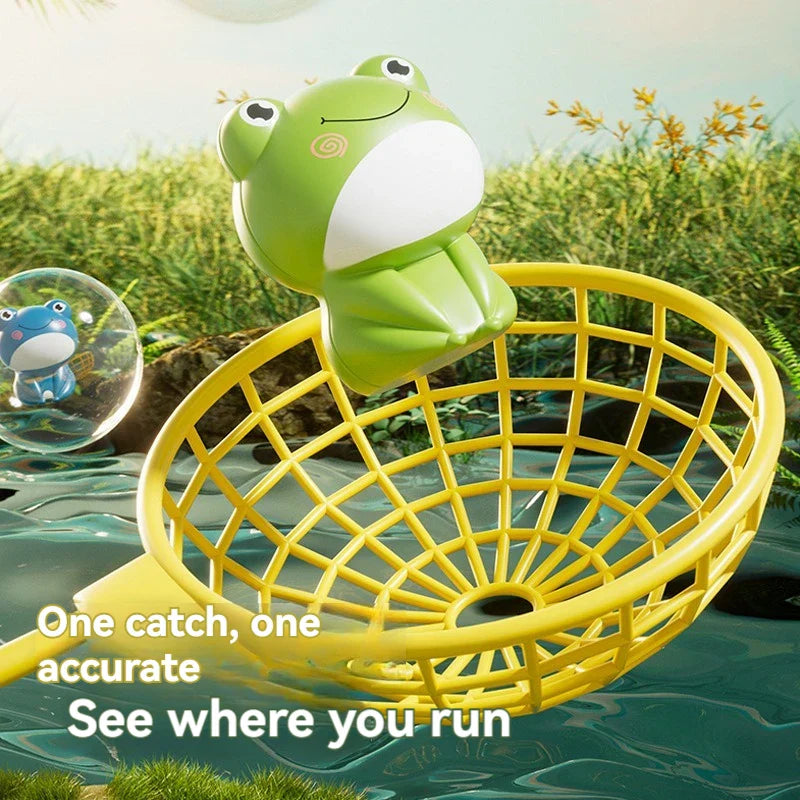 Green frog piece above a yellow catching basket beside the musical game