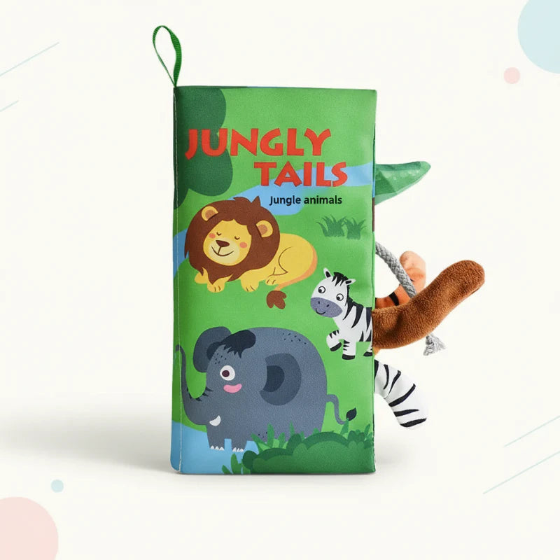 Green jungle animal cloth book standing upright with fabric tails along the side
