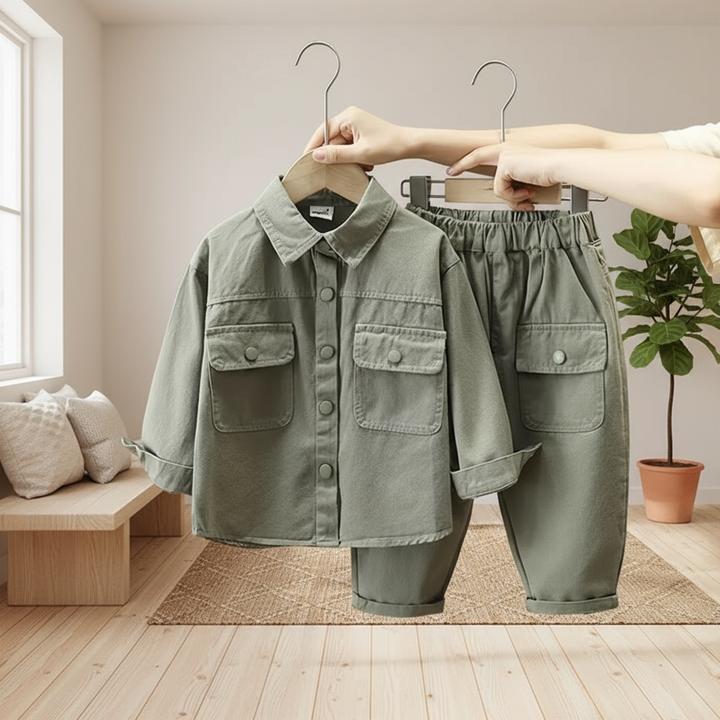 Green snap-front jacket and matching elastic-waist pants displayed near a window