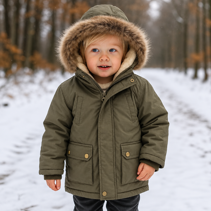 Child wearing a green hooded parka with faux-fur trim on a snowy path