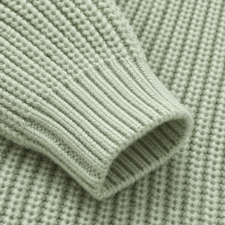 Close-up of a ribbed sleeve cuff on a green knit baby jumpsuit.
