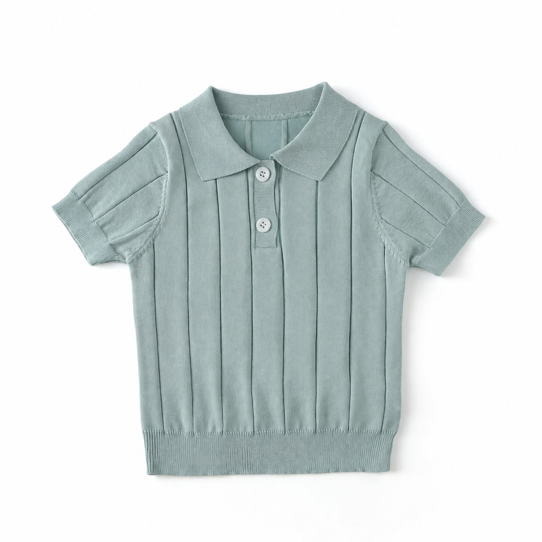 Green knit polo shirt with a classic collar, short sleeves, and vertical texture