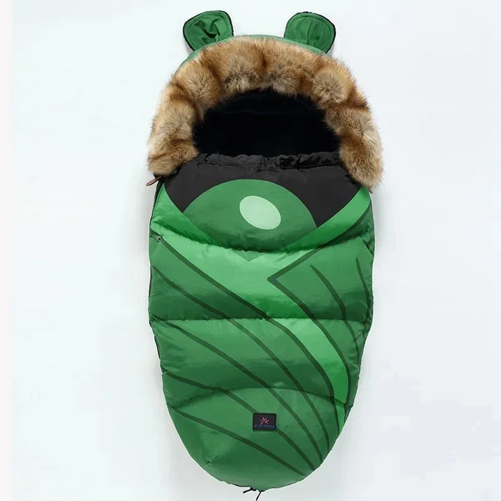 Green stroller footmuff with a bold leaf design, faux fur trim, and matching ears
