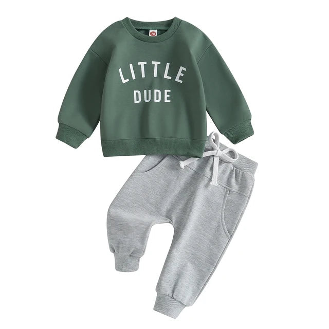 Green Little Dude sweatshirt with gray drawstring pants