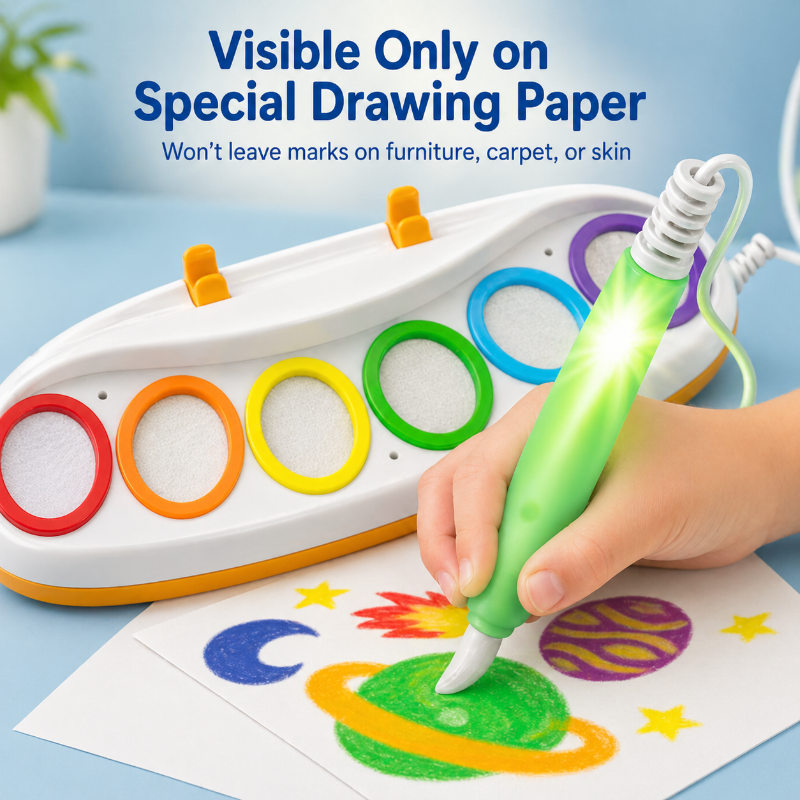Close-up of a green light-up pen touching the green circle on the six-color base