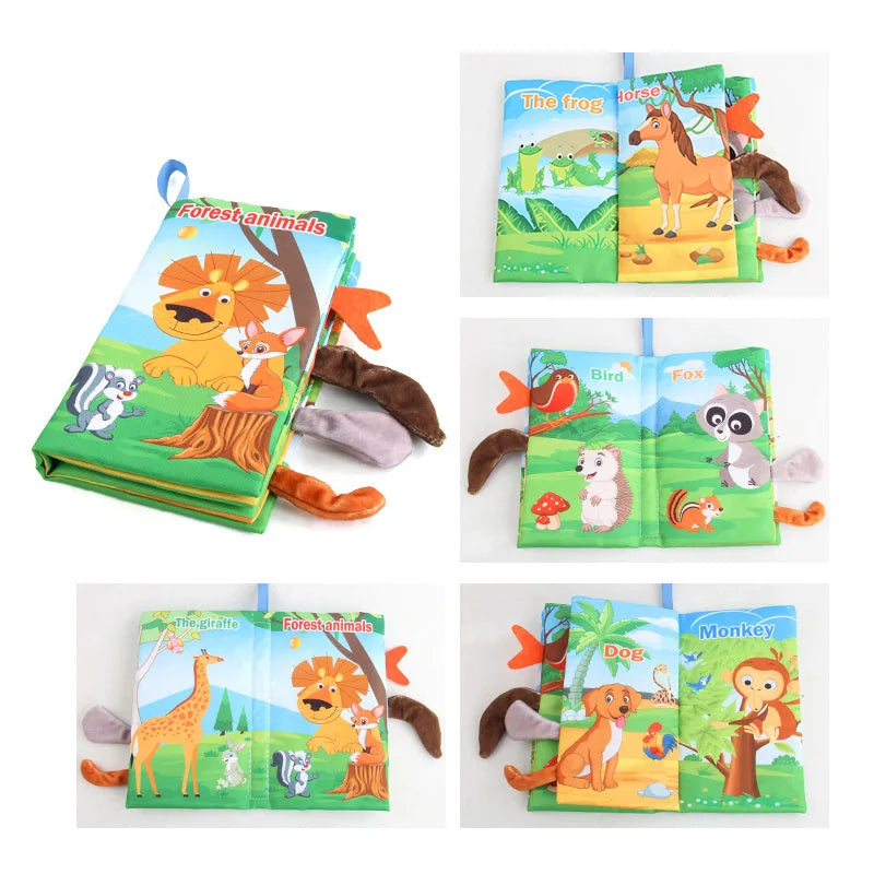 Forest animal fabric book with a lion cover, fabric tails, and illustrated animal page spreads.