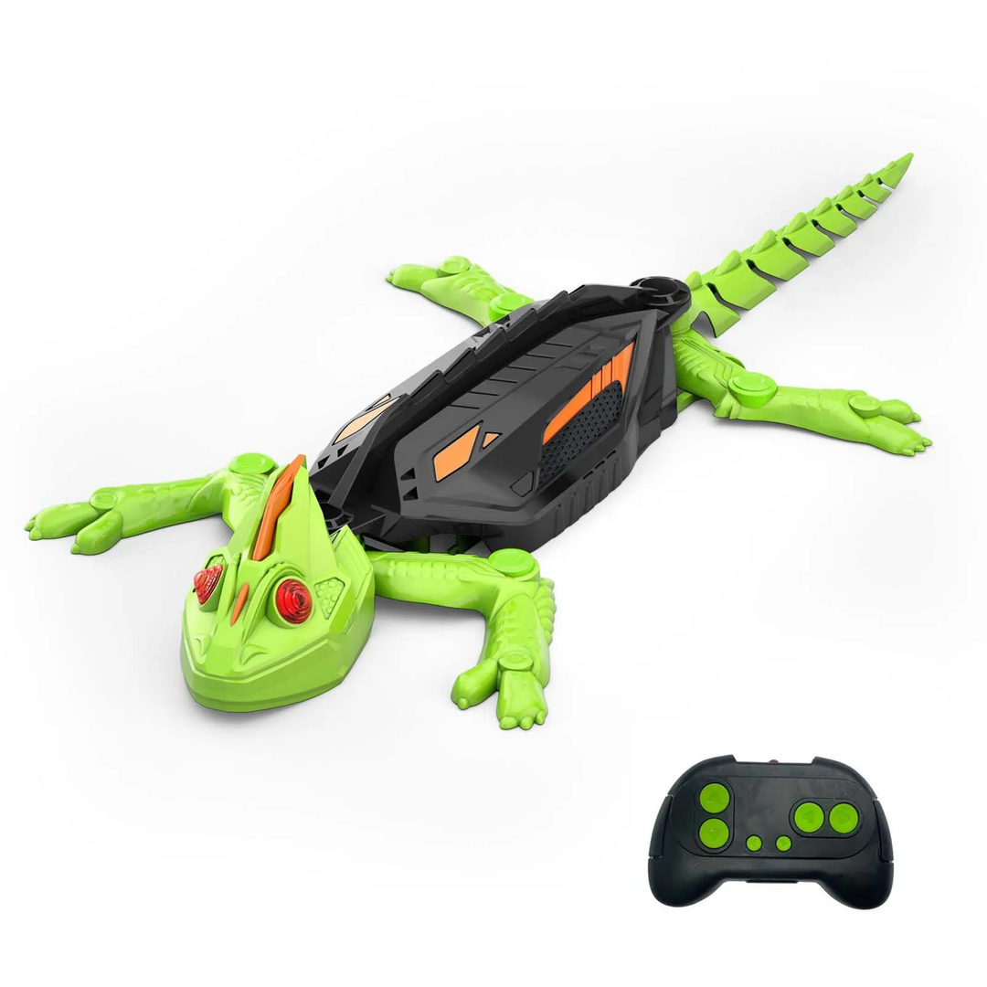 Green lizard-style robot toy with a black remote control and green buttons