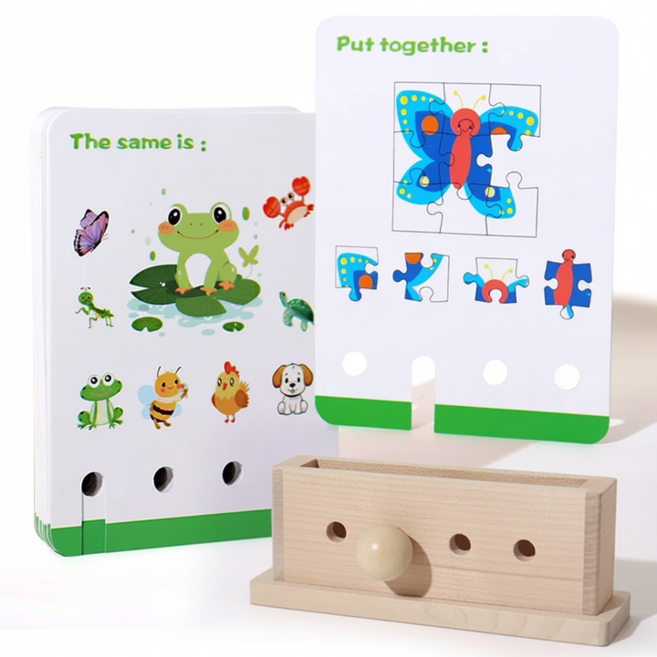 Green-edged cards with animal matching and butterfly puzzles displayed with a wooden holder.