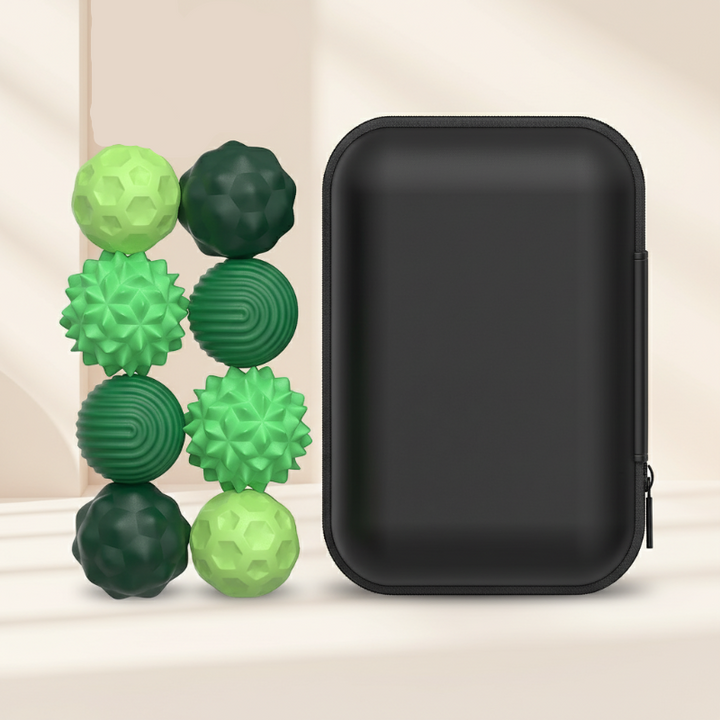 Eight medium green textured magnetic beads beside a rectangular black zippered case