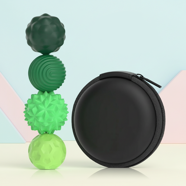 Four medium green textured magnetic beads beside a round black zippered case