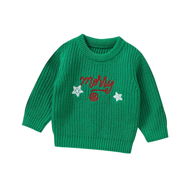 Green Merry Christmas sweater with red lettering and white stars.
