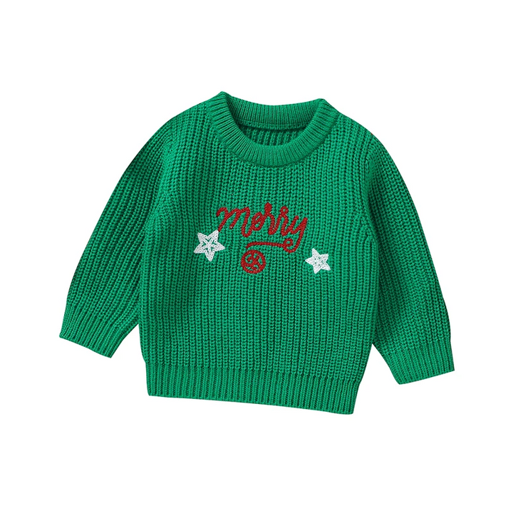 Green Merry Christmas sweater with red lettering and white stars.