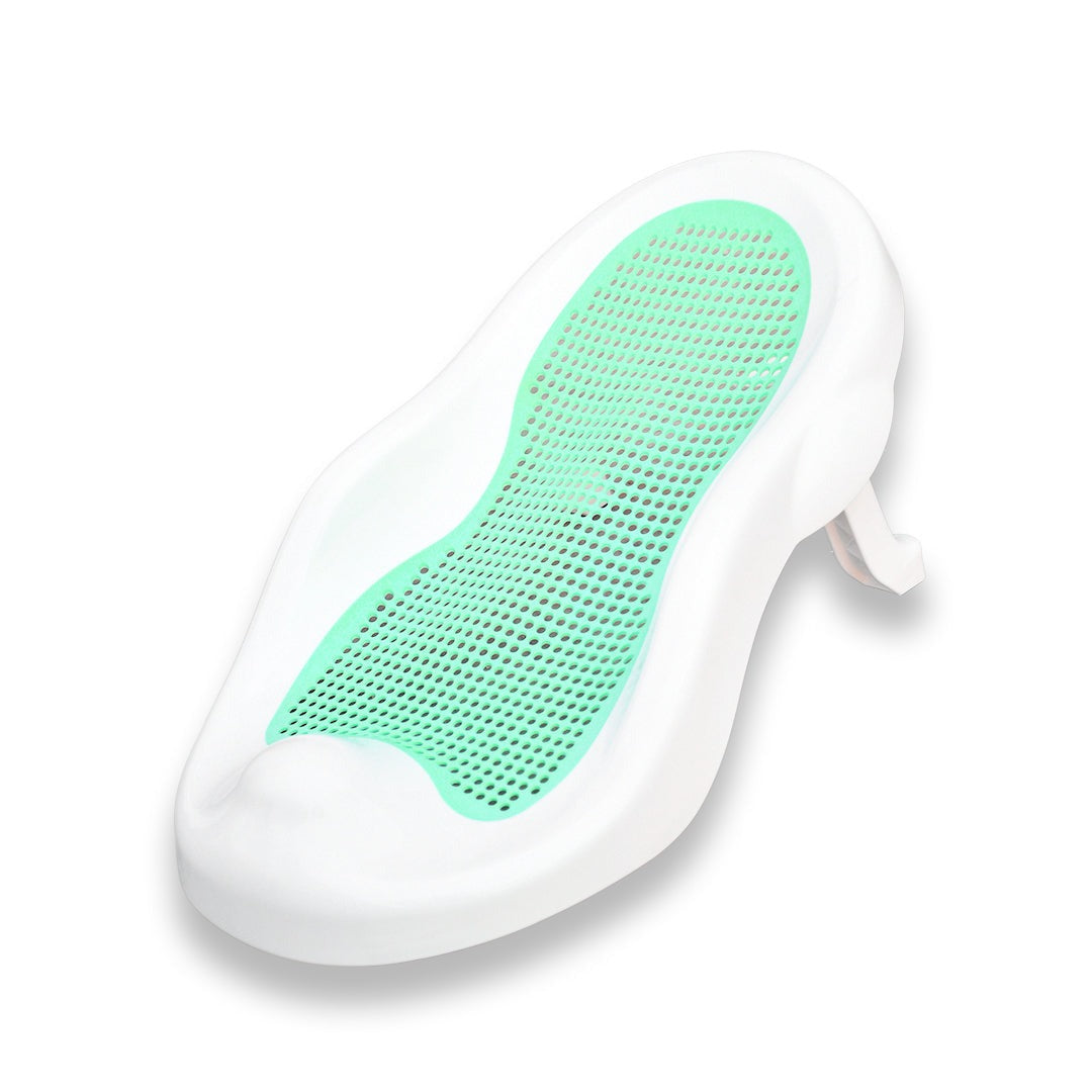 Green mesh baby bath seat with a white contoured frame and raised back