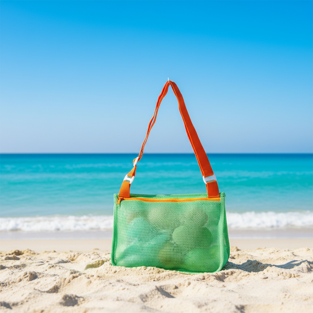 Green mesh beach bag with an orange adjustable shoulder strap