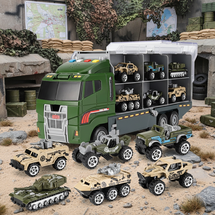 Green military-themed vehicle carrier with small armored vehicles and a tank.