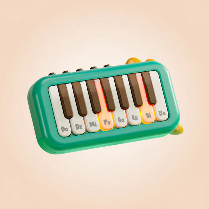 Green mini electronic piano with illuminated keys and numbered markings.
