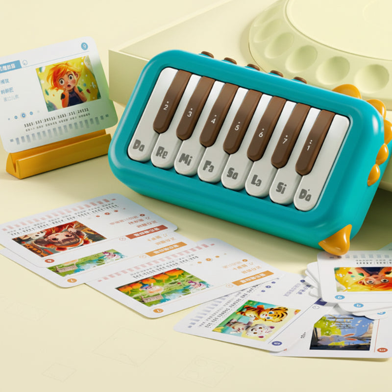 Green mini electronic piano with labeled keys beside illustrated music cards.
