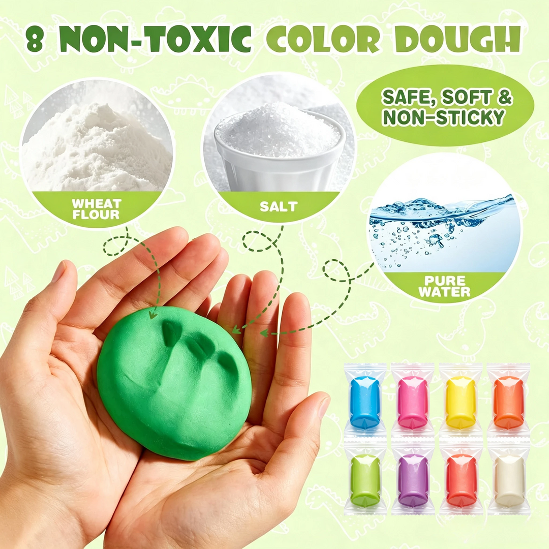 Hands holding green modeling clay with eight colorful clay containers shown alongside