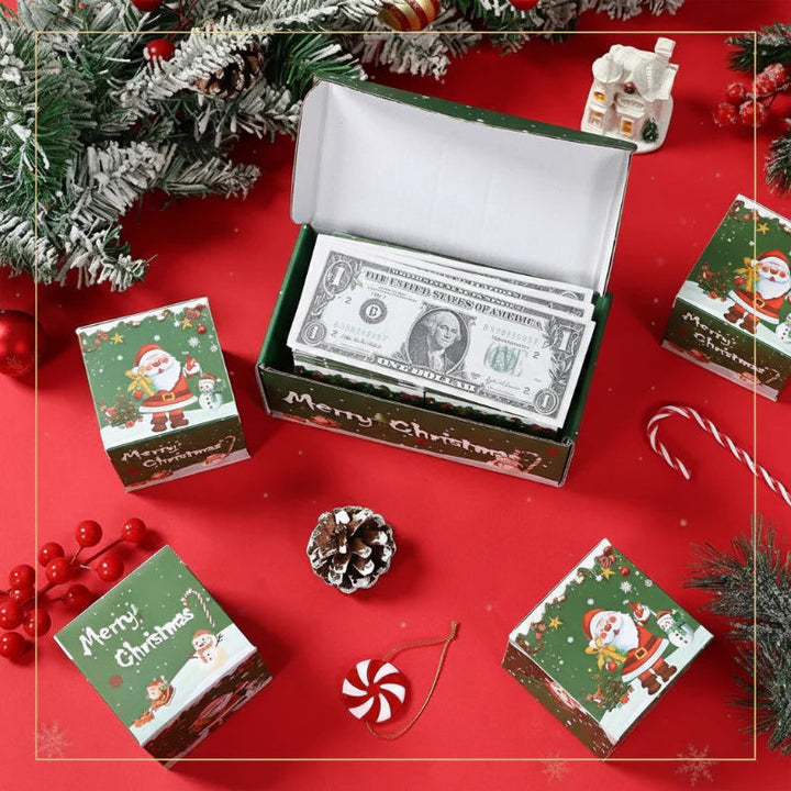 Open green Christmas gift box holding dollar bills on a red background with holiday decorations