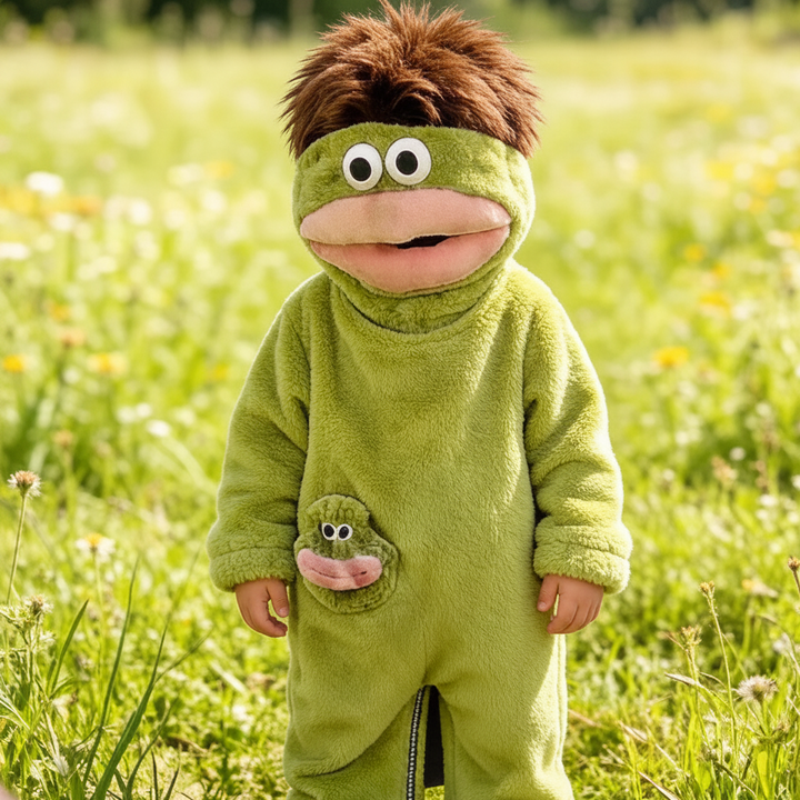 Child wearing a green hooded monster onesie with brown hair and a matching front face detail