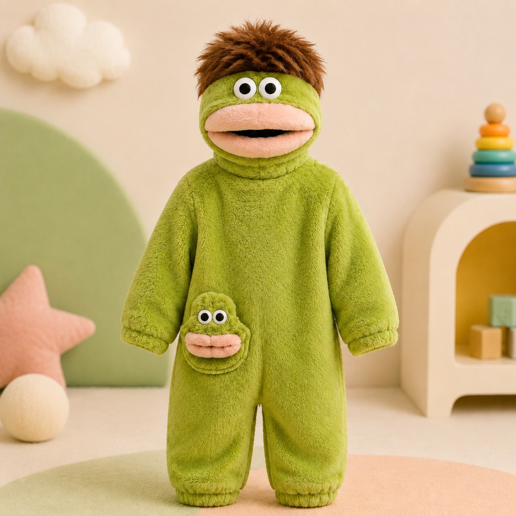 Green hooded monster onesie displayed in a nursery, with brown hair and a matching front face detail