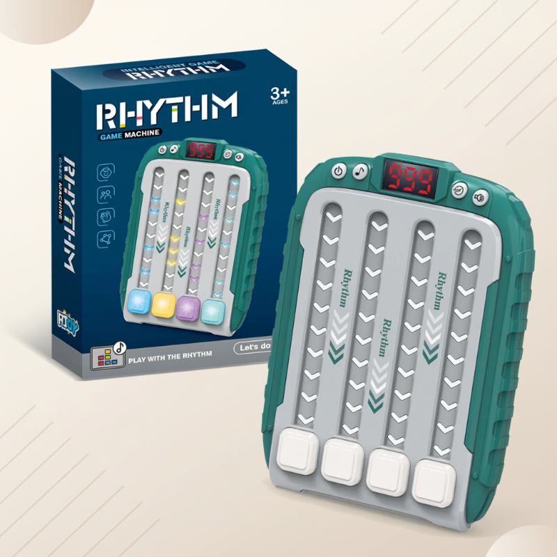 Green musical reflex game standing beside its retail box