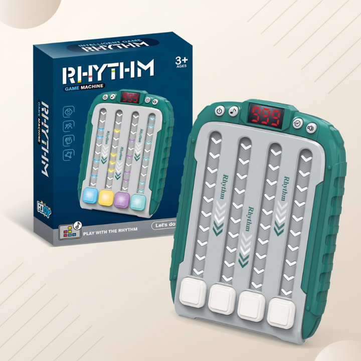 Green musical reflex game standing beside its retail box