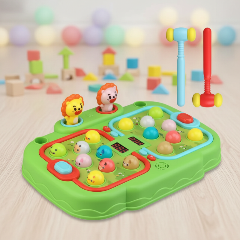 Green nature-themed hammer game with animal characters and two hammers