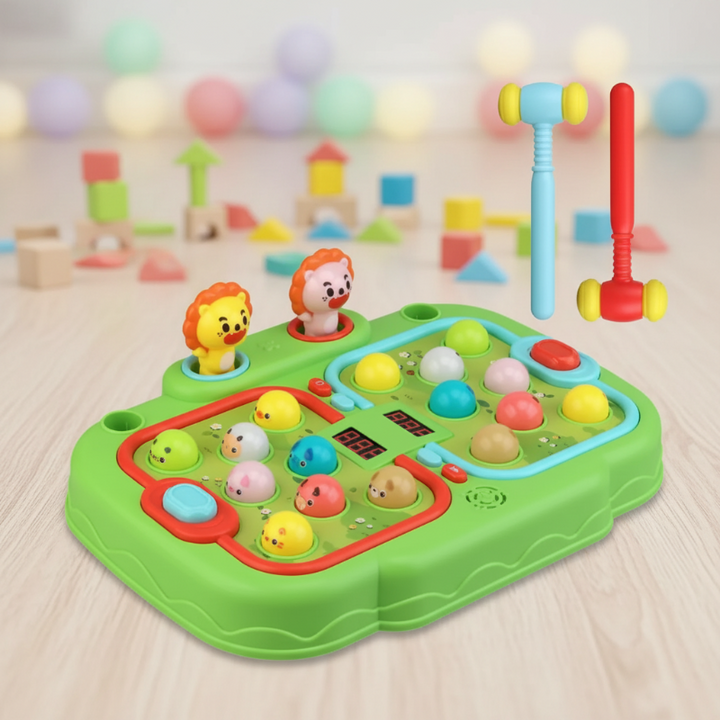 Green nature-themed hammer game with animal characters and two hammers