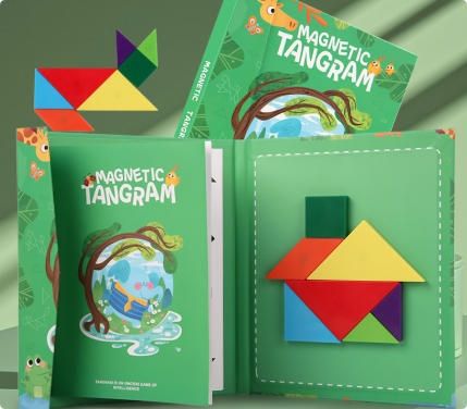 Open green nature-themed tangram booklet with colorful shapes on the play board