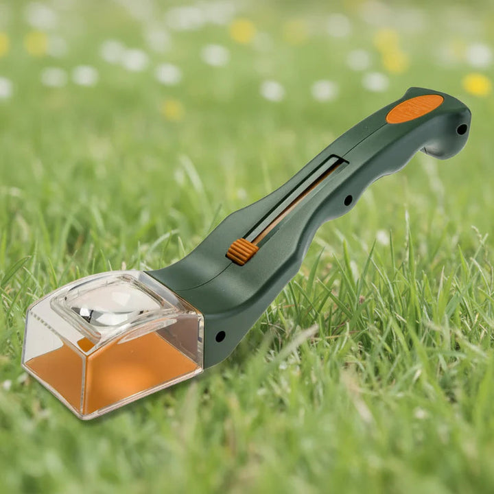 Green and orange bug catcher with a clear magnifying chamber resting on grass