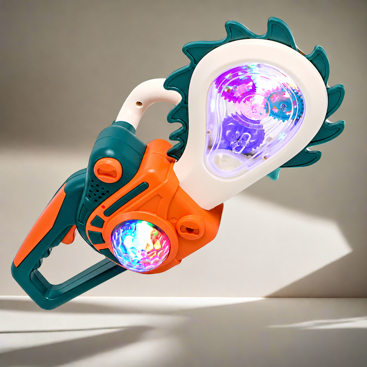 Green and orange toy saw with illuminated gears and a round multicolor side light
