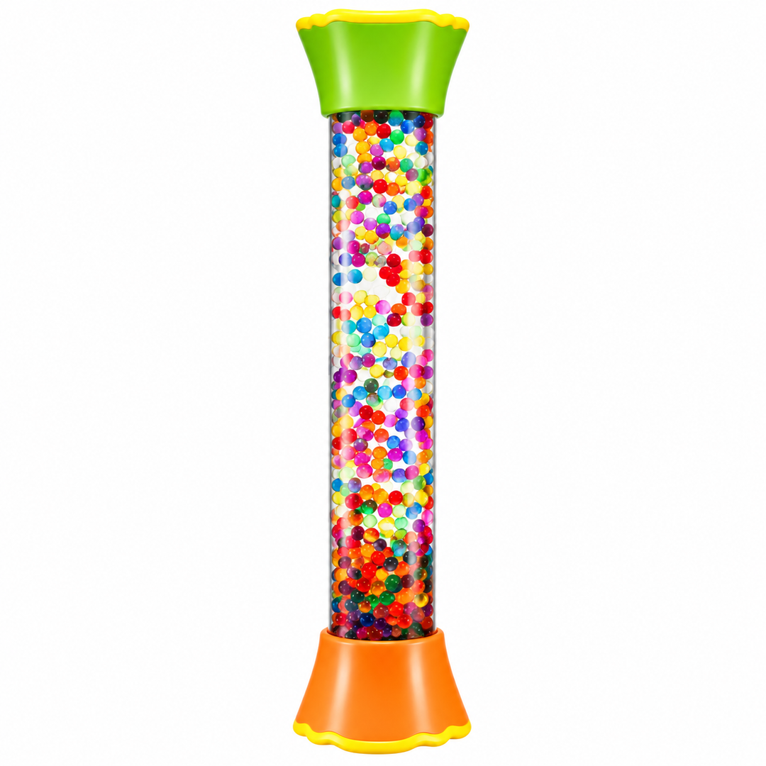 Rainbow bead sensory tube with a green top and orange base
