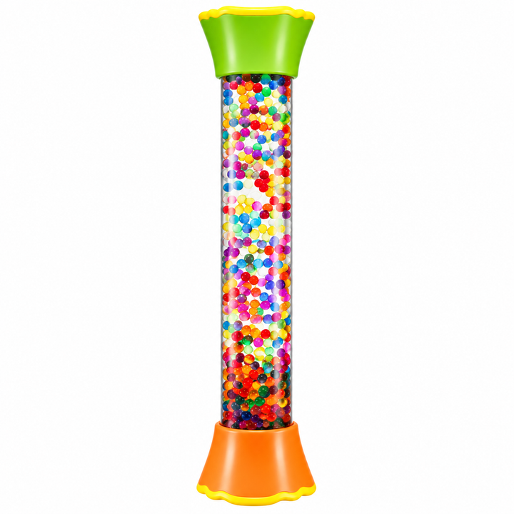Rainbow bead sensory tube with a green top and orange base