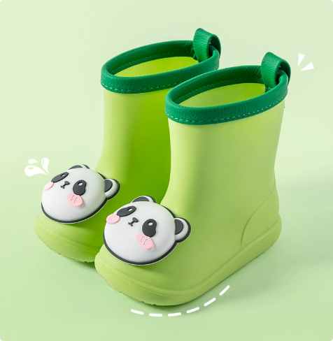 Green panda rain boots with dark green trim and back pull loops