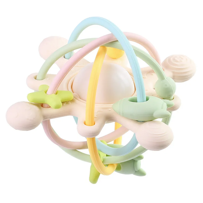 Green silicone teething ball with pastel loops and textured cream-colored ends