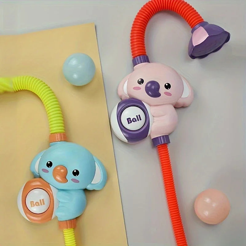 Green and Pink bath shower toys displayed side by side with their flexible necks bent